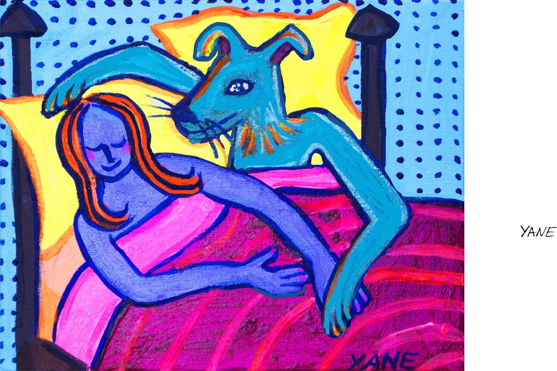 Abstract painting of a reclining figure beside a cat-like creature, in bright pink, blue, and yellow tones.