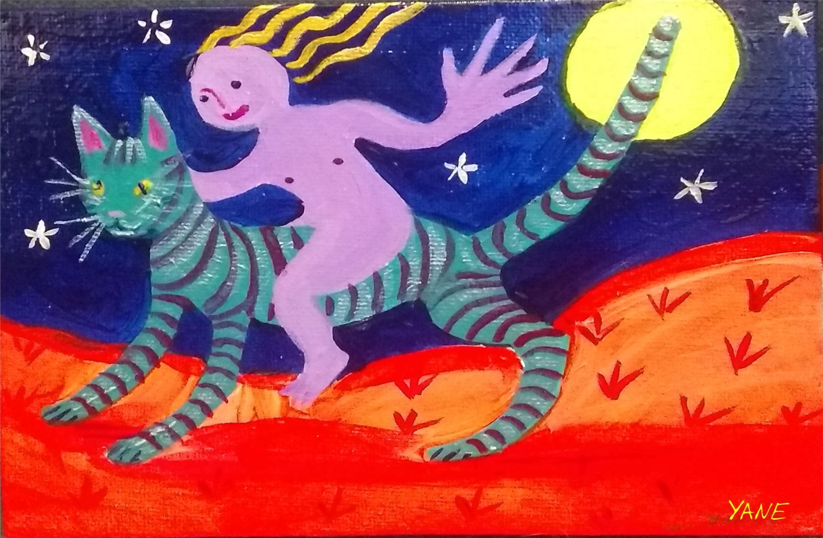 Two stylized cats dance on a red hill under a yellow moon in a vivid purple night sky.