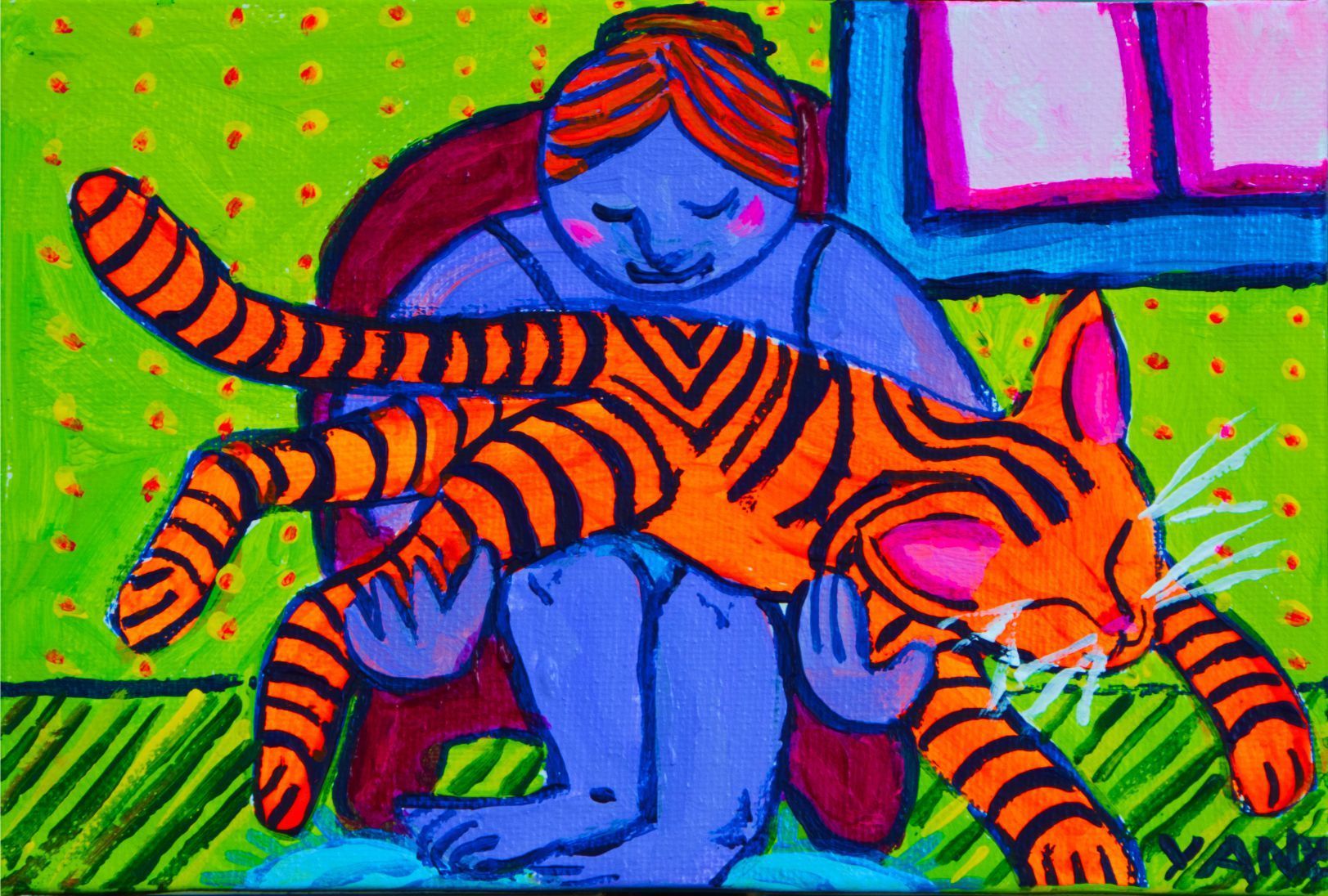 Blue figure cuddling orange striped cat on green patterned background, colorful painting