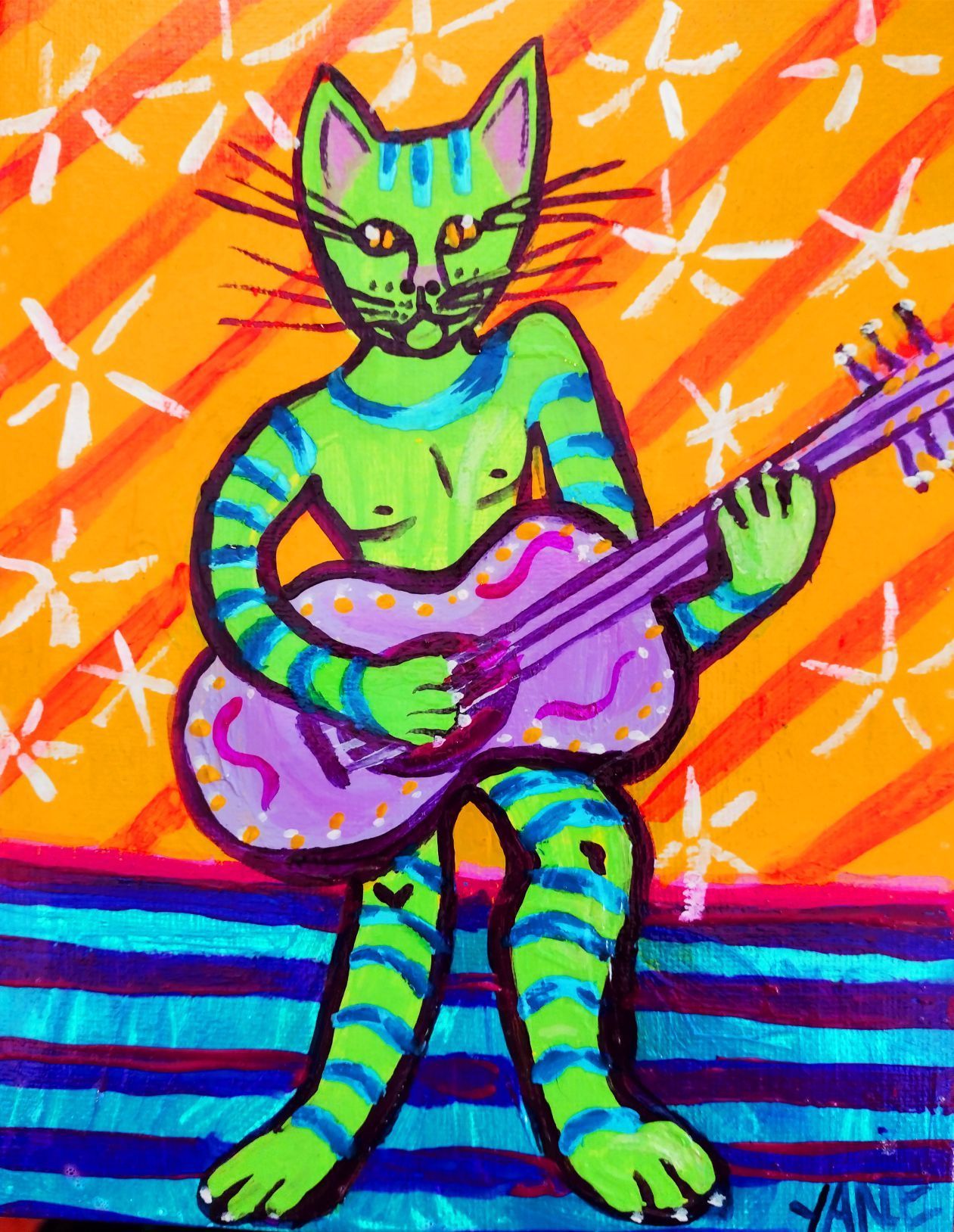 Green striped cat playing a purple guitar against an orange patterned background