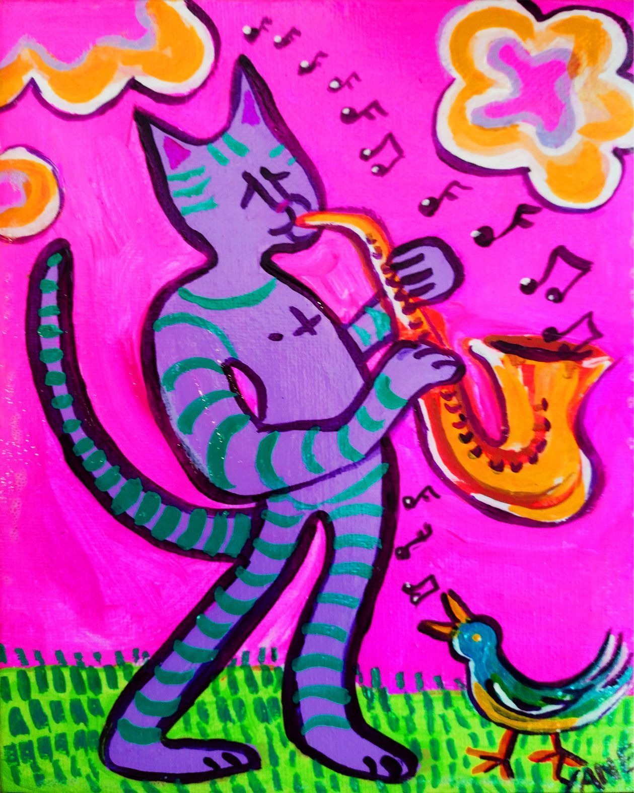 Cartoon cat playing saxophone on a bright pink background with flowers and musical notes