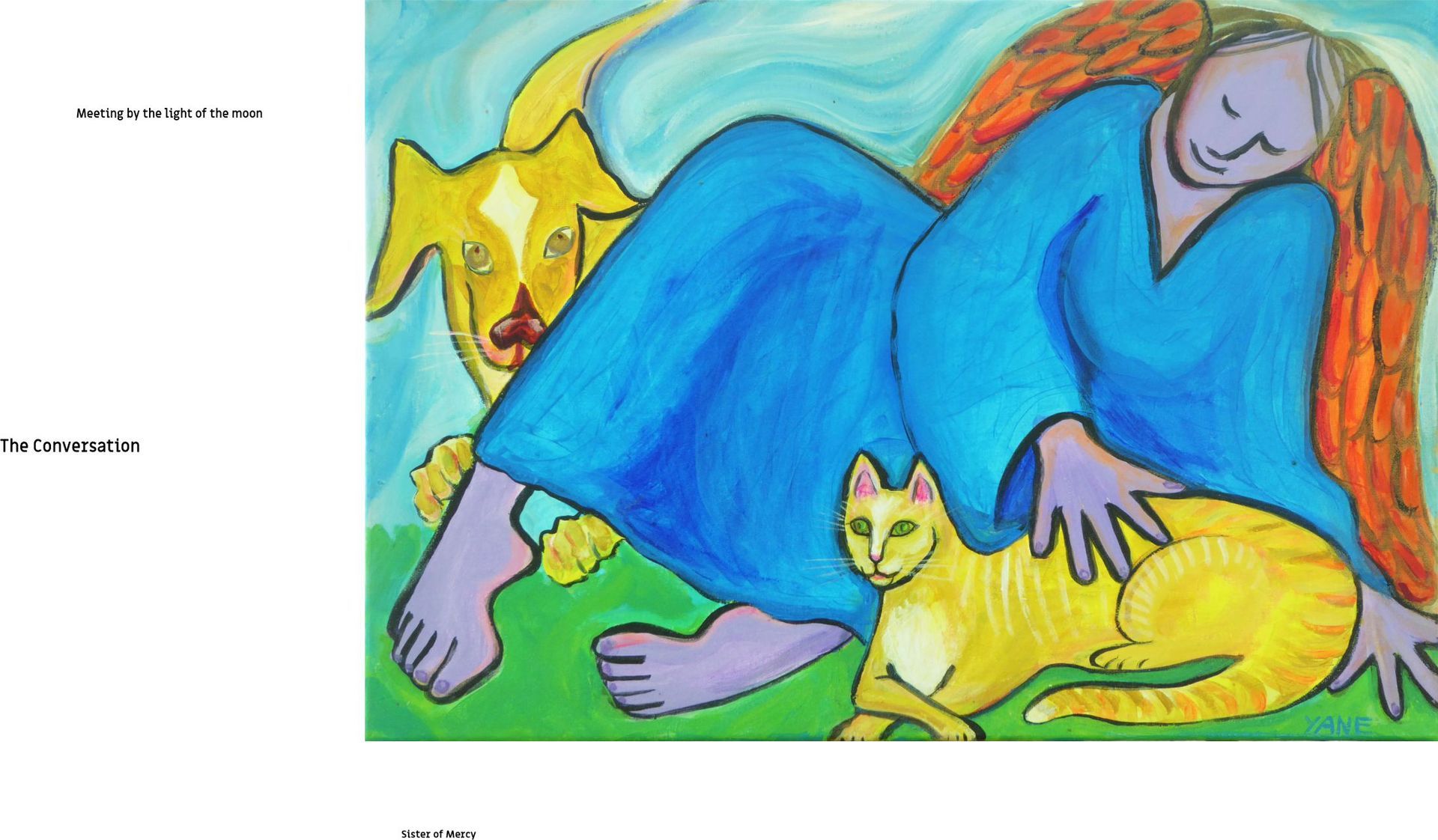 Person in blue robe resting with a yellow cat and small star-shaped creature on a colorful background