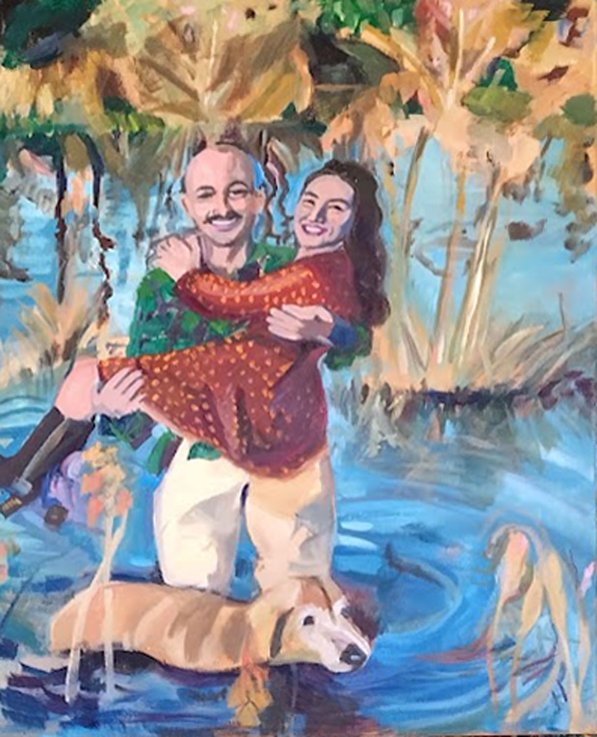 Person holding a smiling child above a dog in blue water under palm trees, in a colorful painting