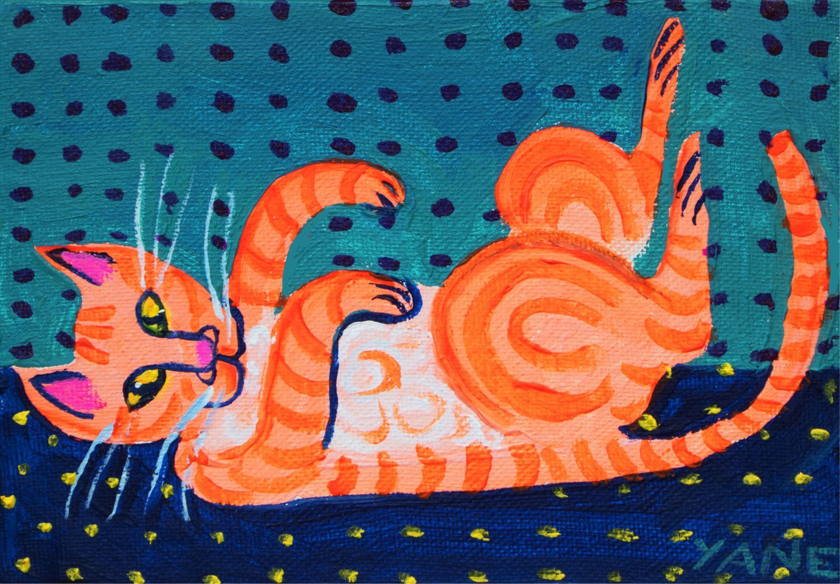 Stylized orange cat with a raised tail on a blue polka-dot background