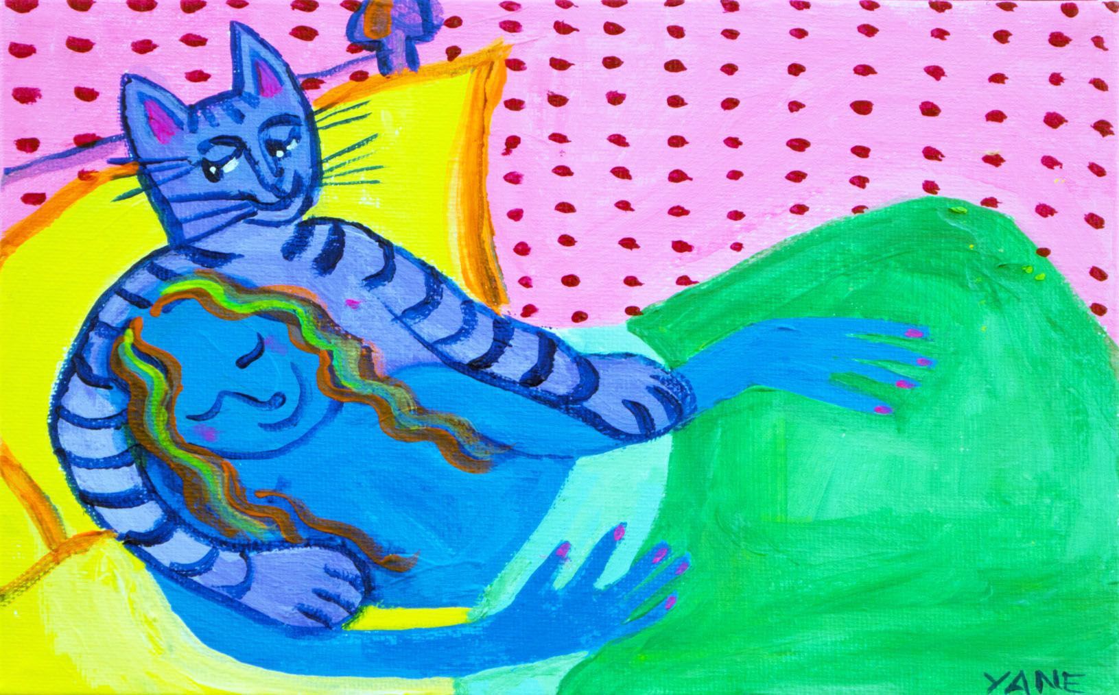 Blue striped cat curled on a green chair against a pink polka-dot background, with yellow and blue accents.