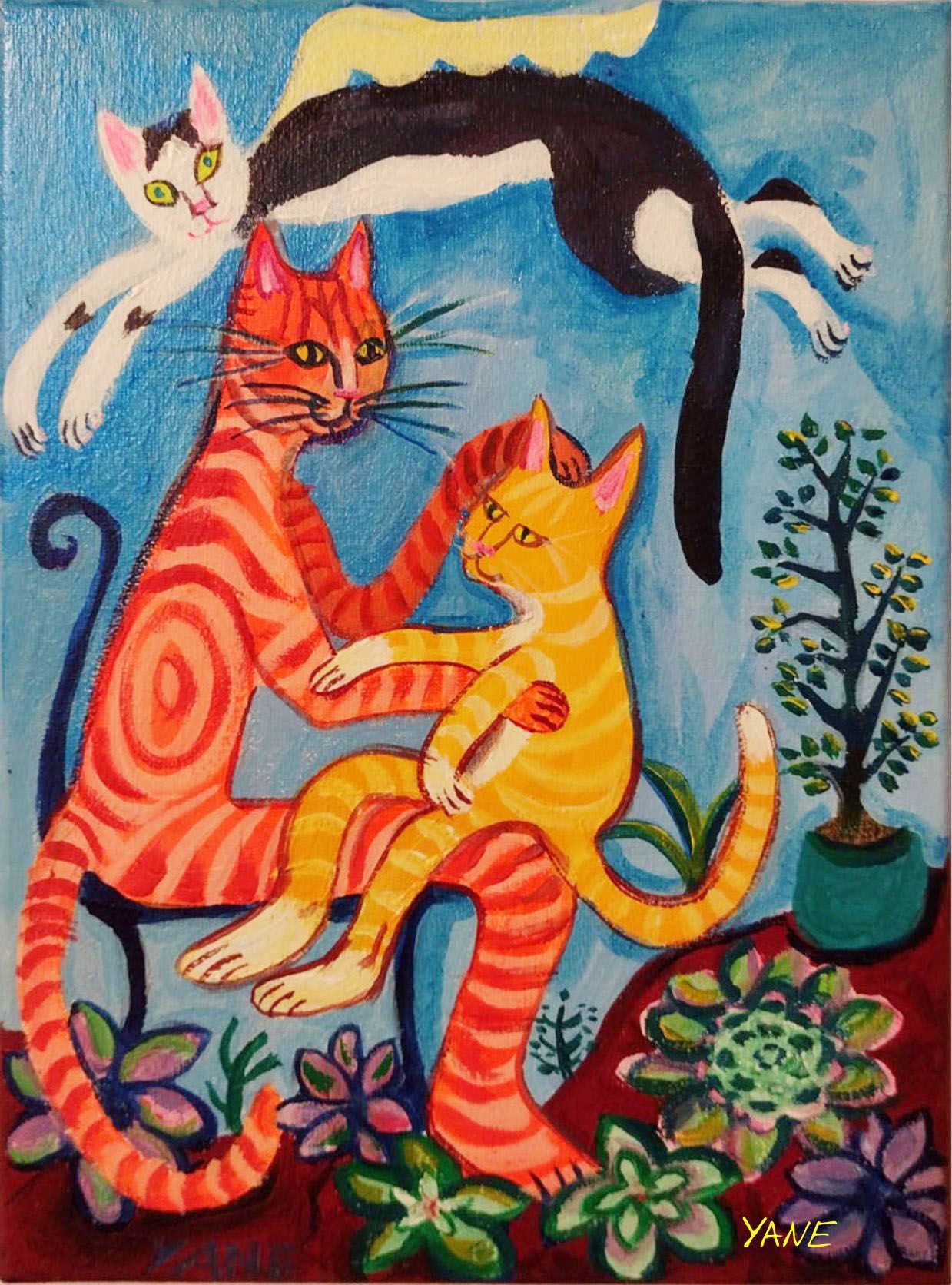 Three colorful cats lounging and stretching on a blue background with potted plants and flowers.
