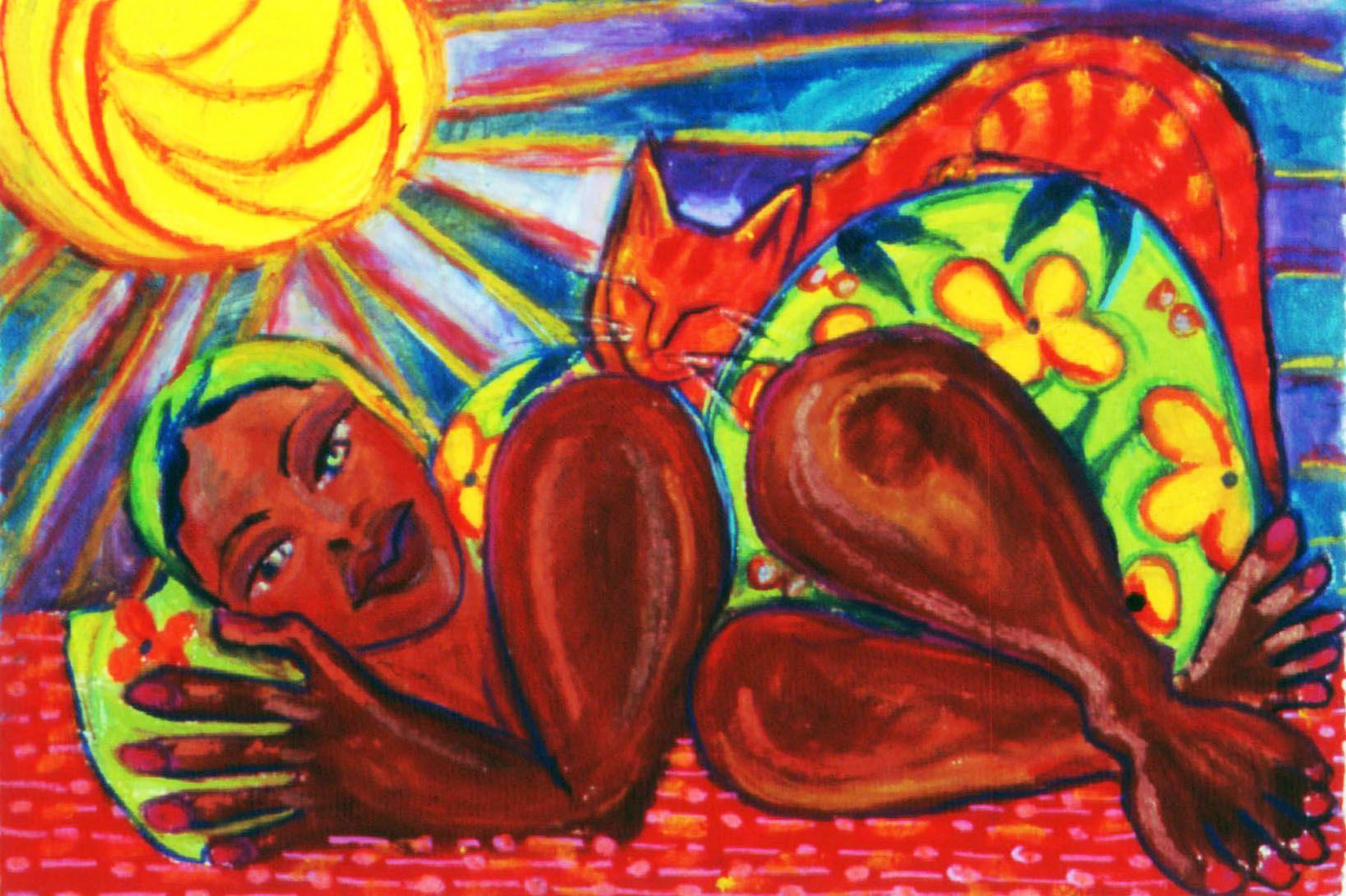Person in red lying under a bright sun, with a colorful blanket and cat-like figure nearby