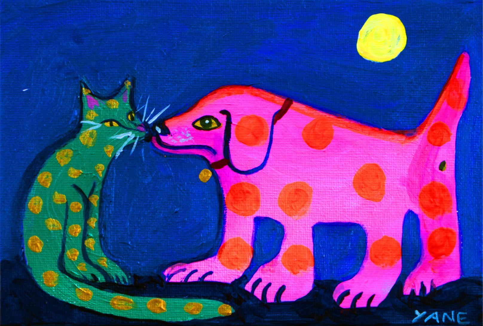 Two colorful cats nuzzle each other under a yellow moon on a blue background.