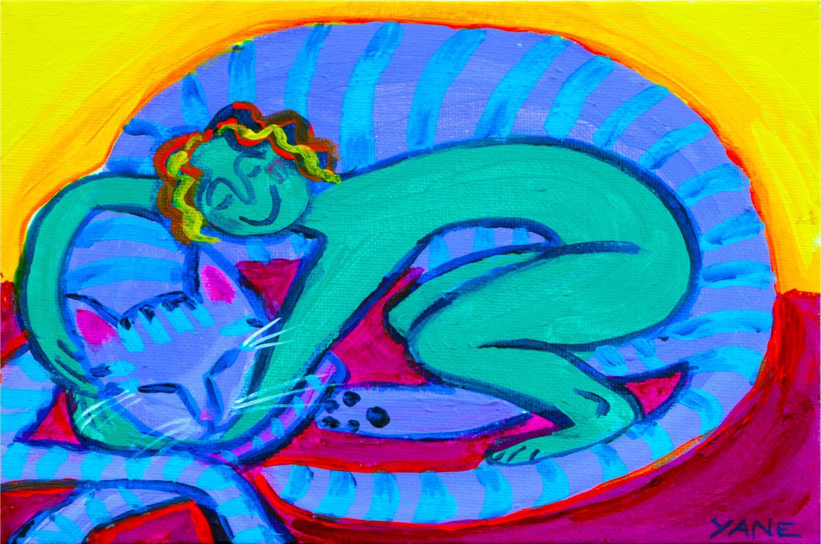 Stylized neon painting of a curled figure resting on a bed, with bright blue, pink, and yellow hues.