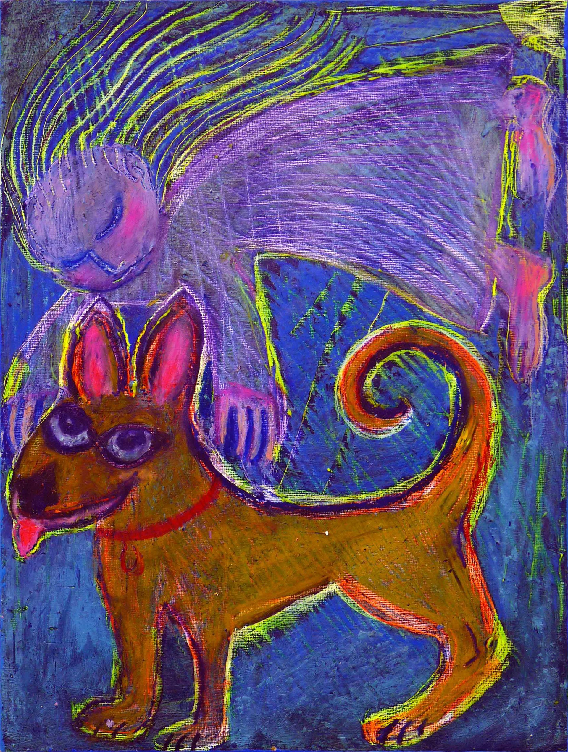 Colorful drawing of a small dog with big ears, curled tail, and purple background with moon and swirls