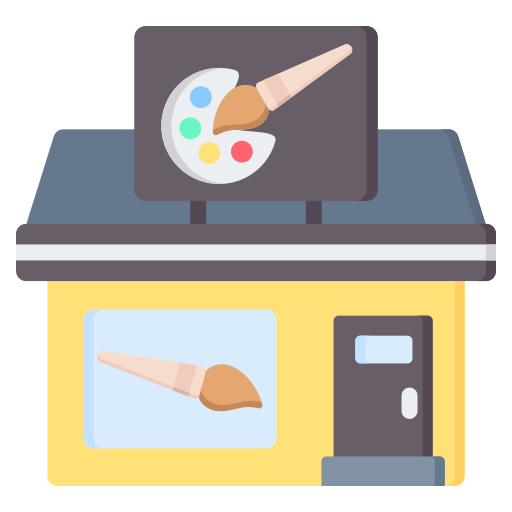 Small art supply shop with a paint palette sign and a paintbrush in the window