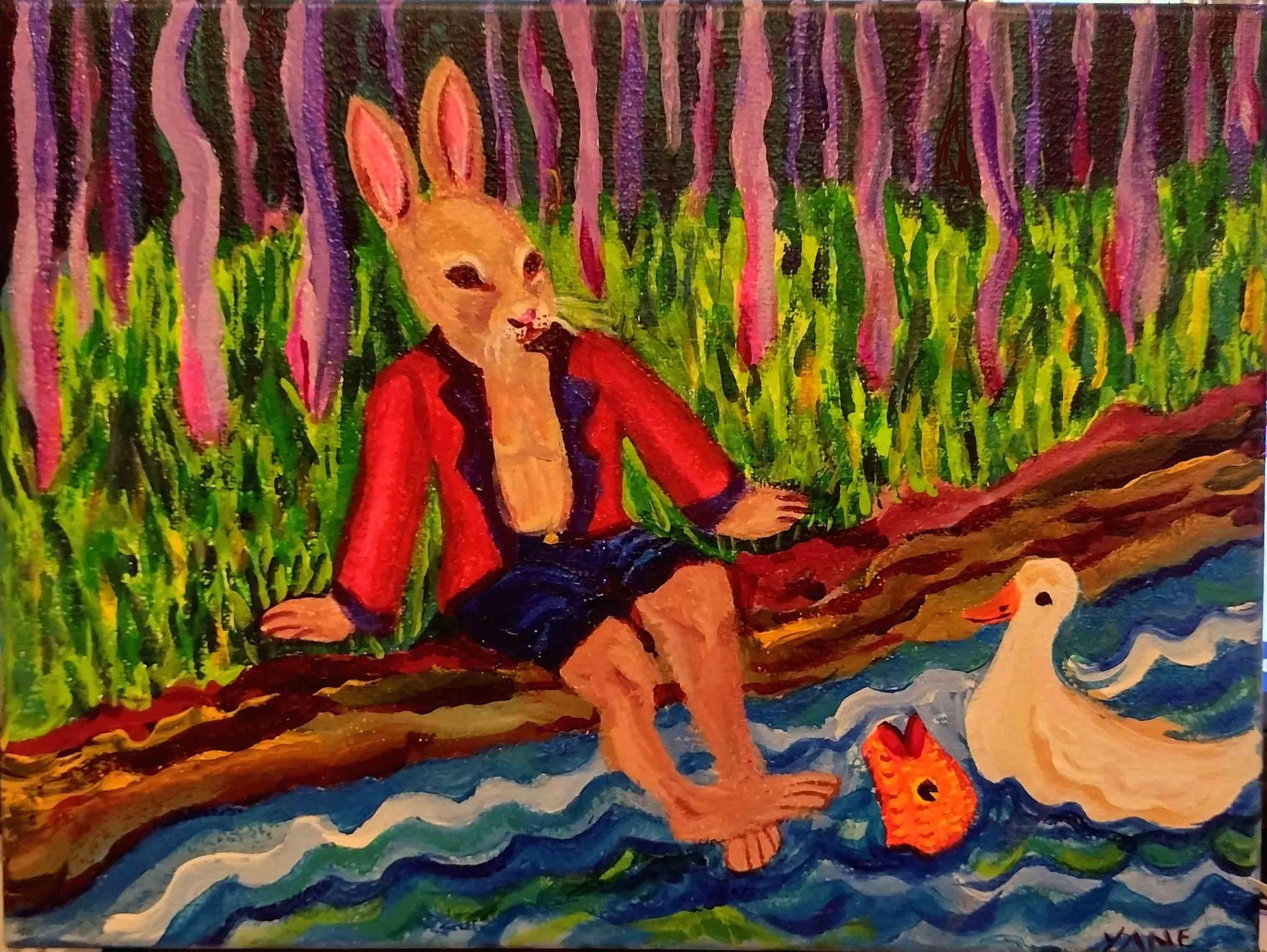 Anthropomorphic rabbit in a red jacket sits on a log beside a duck and fish in a colorful stream scene