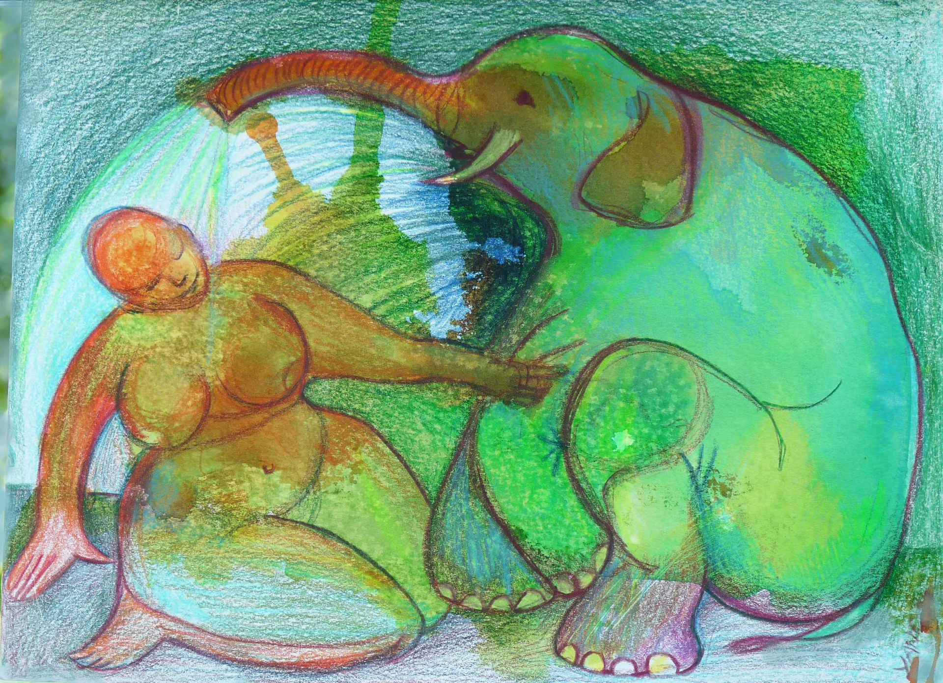 Abstract painting of two intertwined figures in green, orange, and blue tones