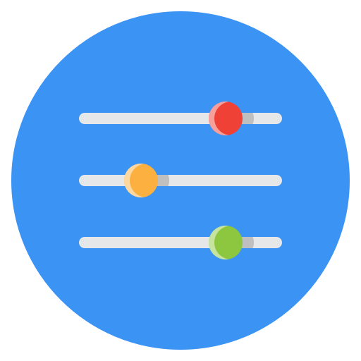 Blue circle with three horizontal slider controls in white, red, orange, and green knobs