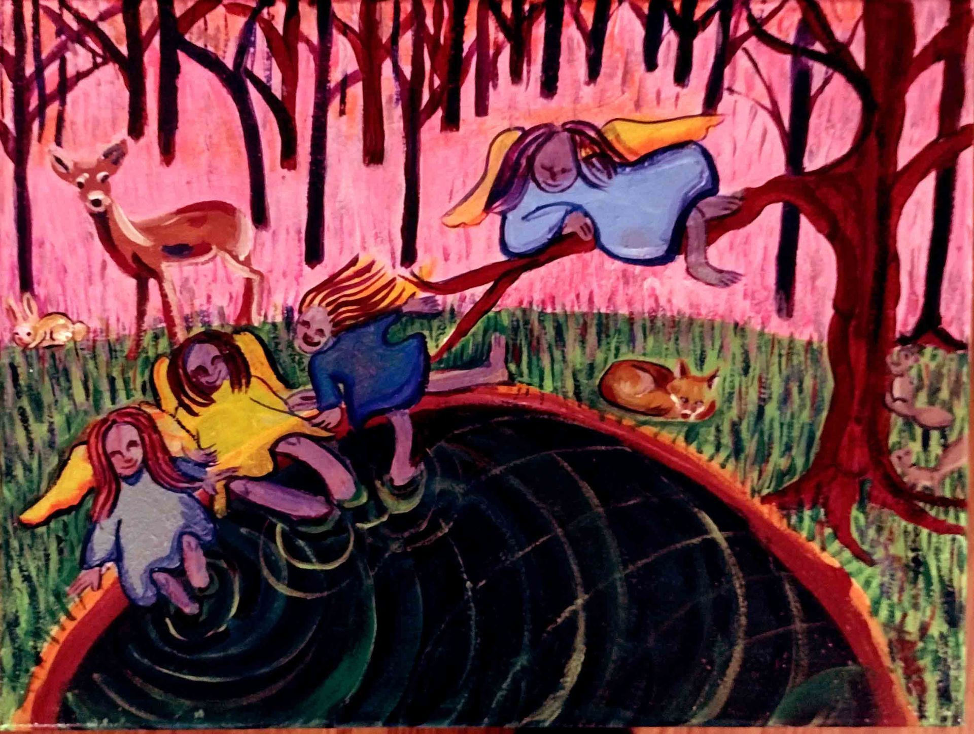 Children play and swing over a dark pit in a pink forest, with deer and trees around them.