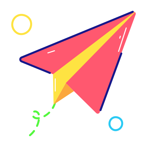 Colorful paper airplane icon with pink, yellow, and blue accents on a white background