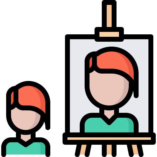 Person beside an easel with a portrait painting on canvas