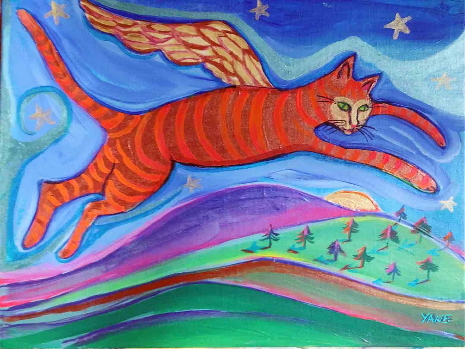 Orange winged cat flying over colorful hills under a starry blue sky