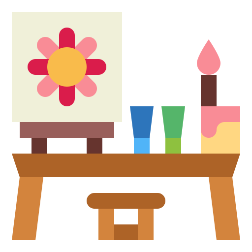 Artist’s easel with flower painting, paint tubes, brushes, and a stool in a studio setting