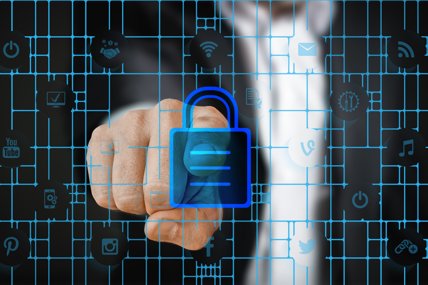 Hand touching a glowing blue padlock over a tech grid with social media icons.