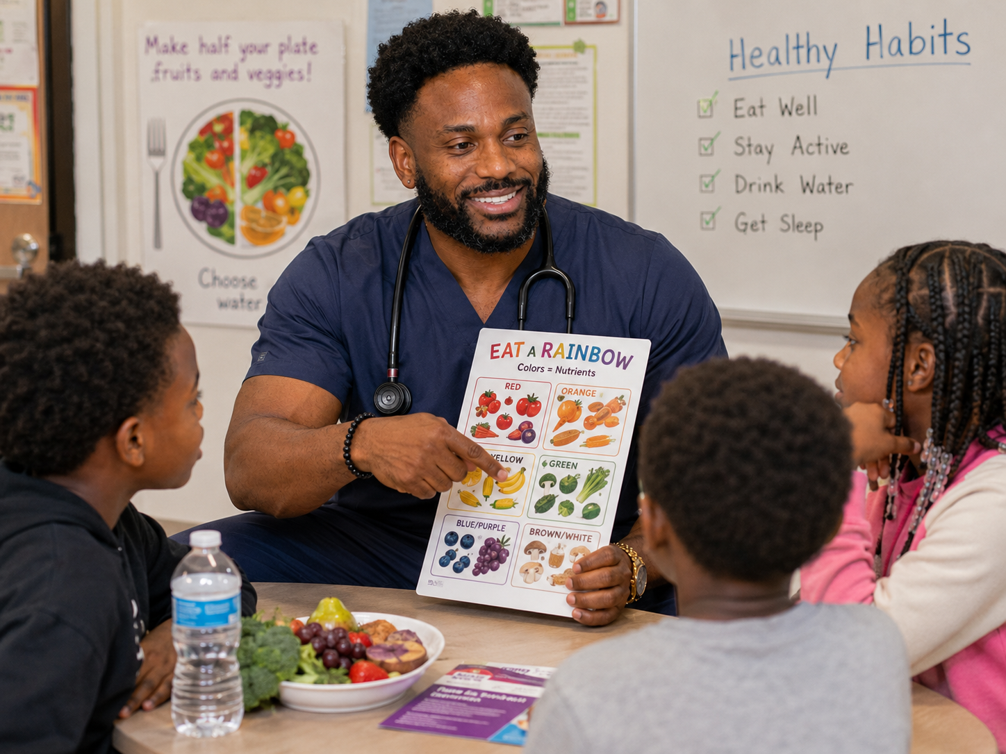 Teacher showing a healthy food chart to children in a classroom, with poster of healthy habits on wall