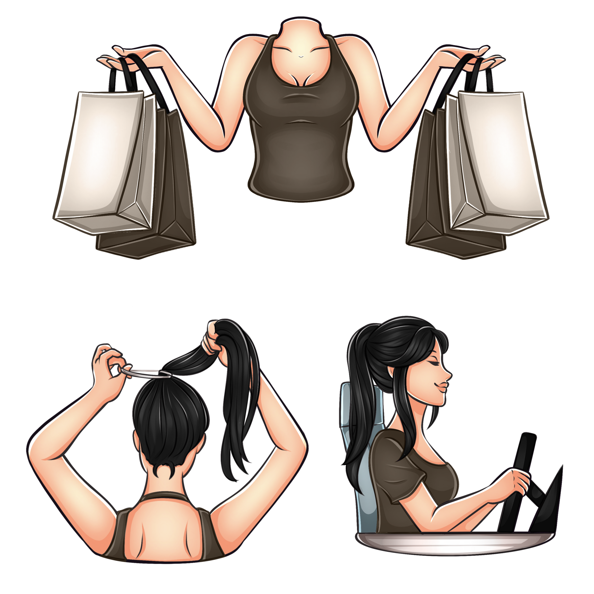 Um desenho animado de uma mulher segurando sacolas de compras e um rabo de cavalo.