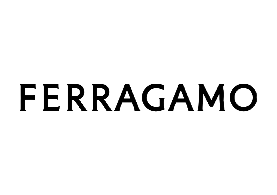 Il logo di Ferragamo è in bianco e nero su sfondo bianco.