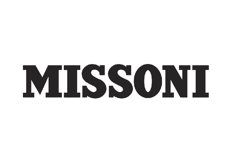 Un logo in bianco e nero per Missoni su uno sfondo bianco.