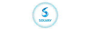 Solvay logo: Blue swirl in a dotted oval with 