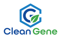 Logo for Clean Gene featuring a blue hexagon containing a dark blue letter G and a green leaf, with text below.