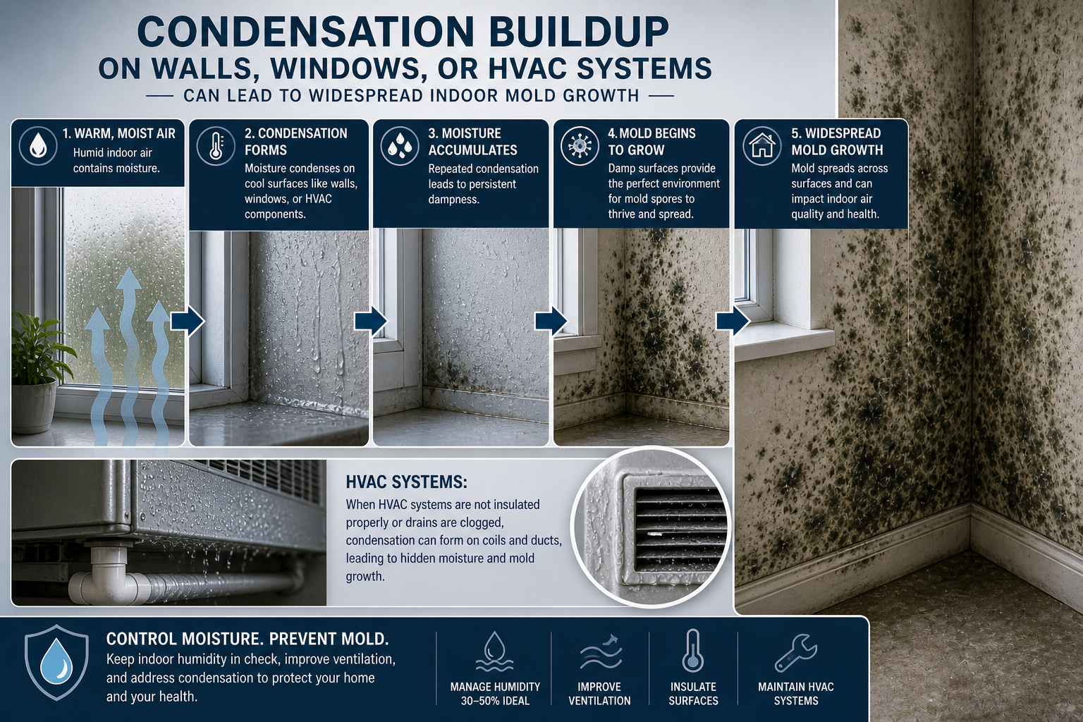 Condensation buildup on walls, windows, or HVAC systems