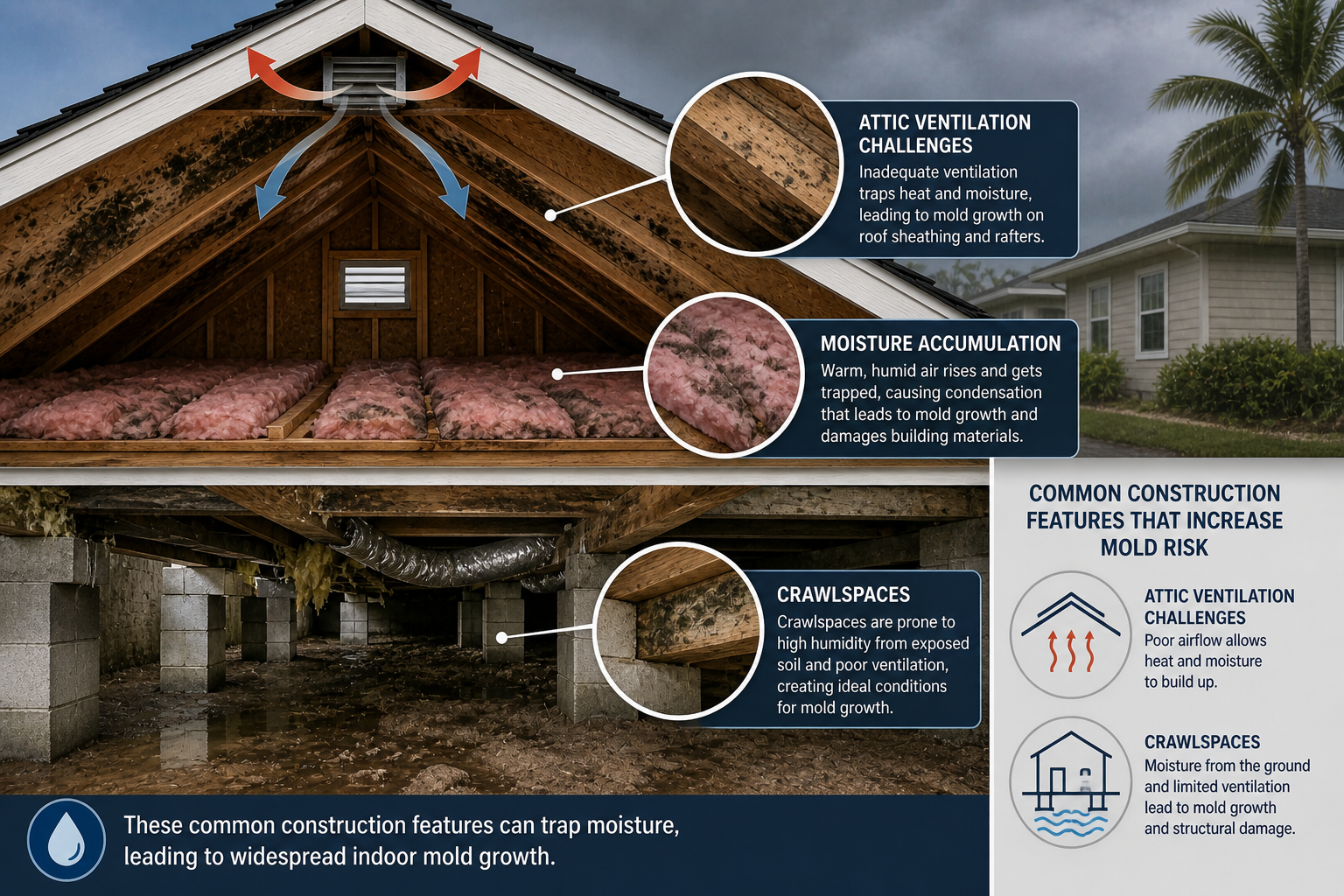 Common construction features such as crawlspaces and attic ventilation challenges
