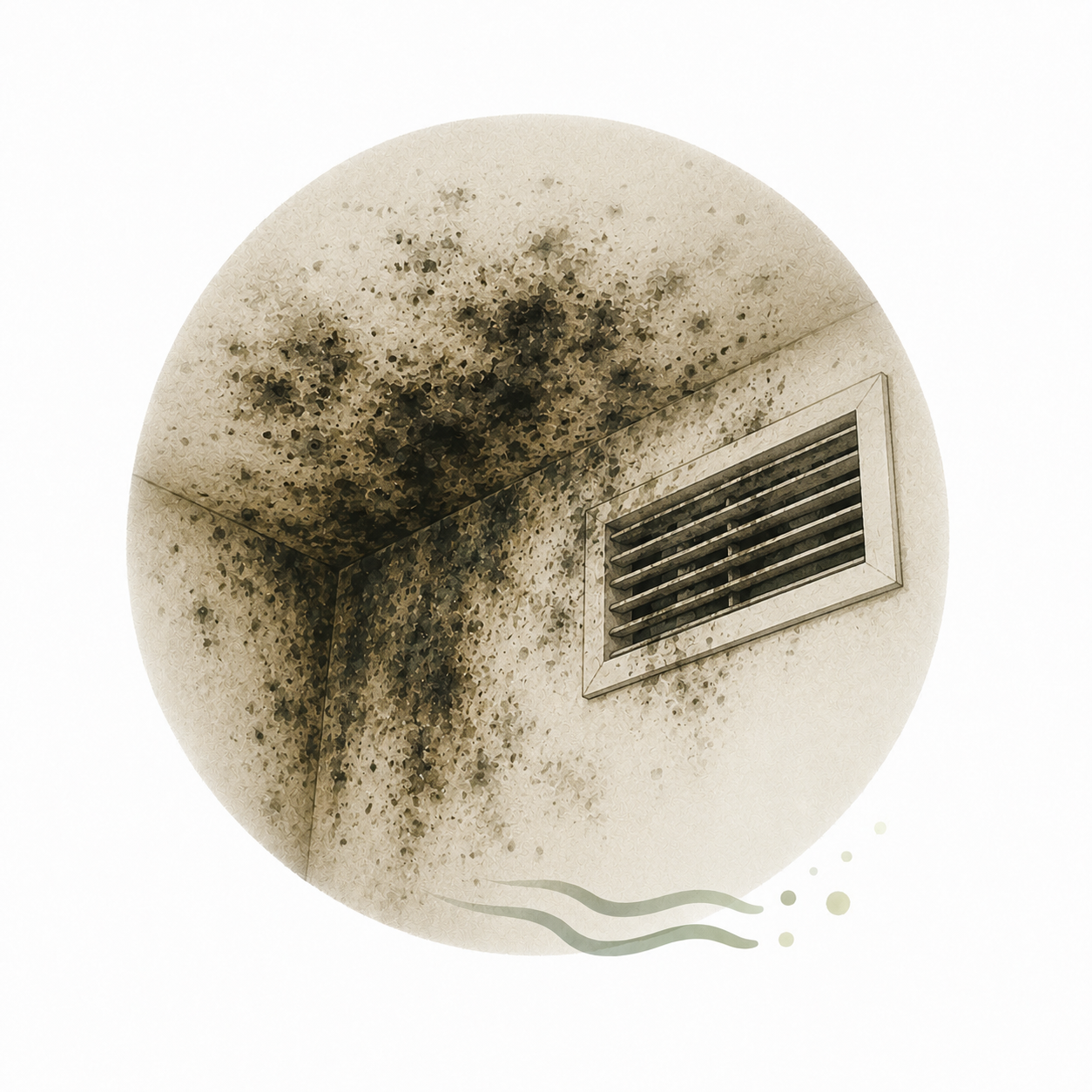 Dark or black discoloration on walls, ceilings, or around vents