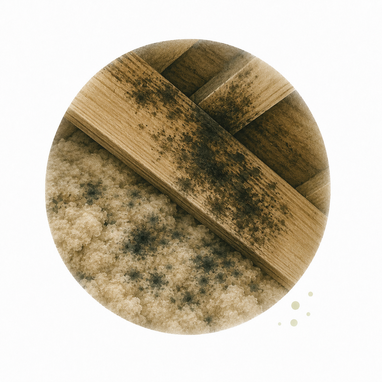 Dark staining or discoloration on attic wood or insulation