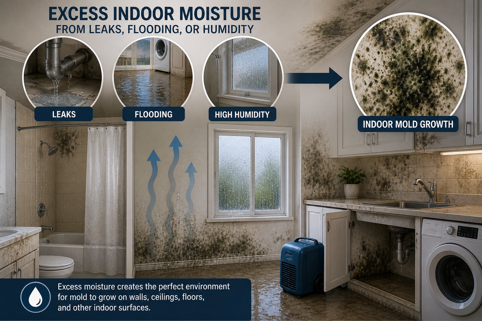 Excess indoor moisture from leaks, flooding, or humidity