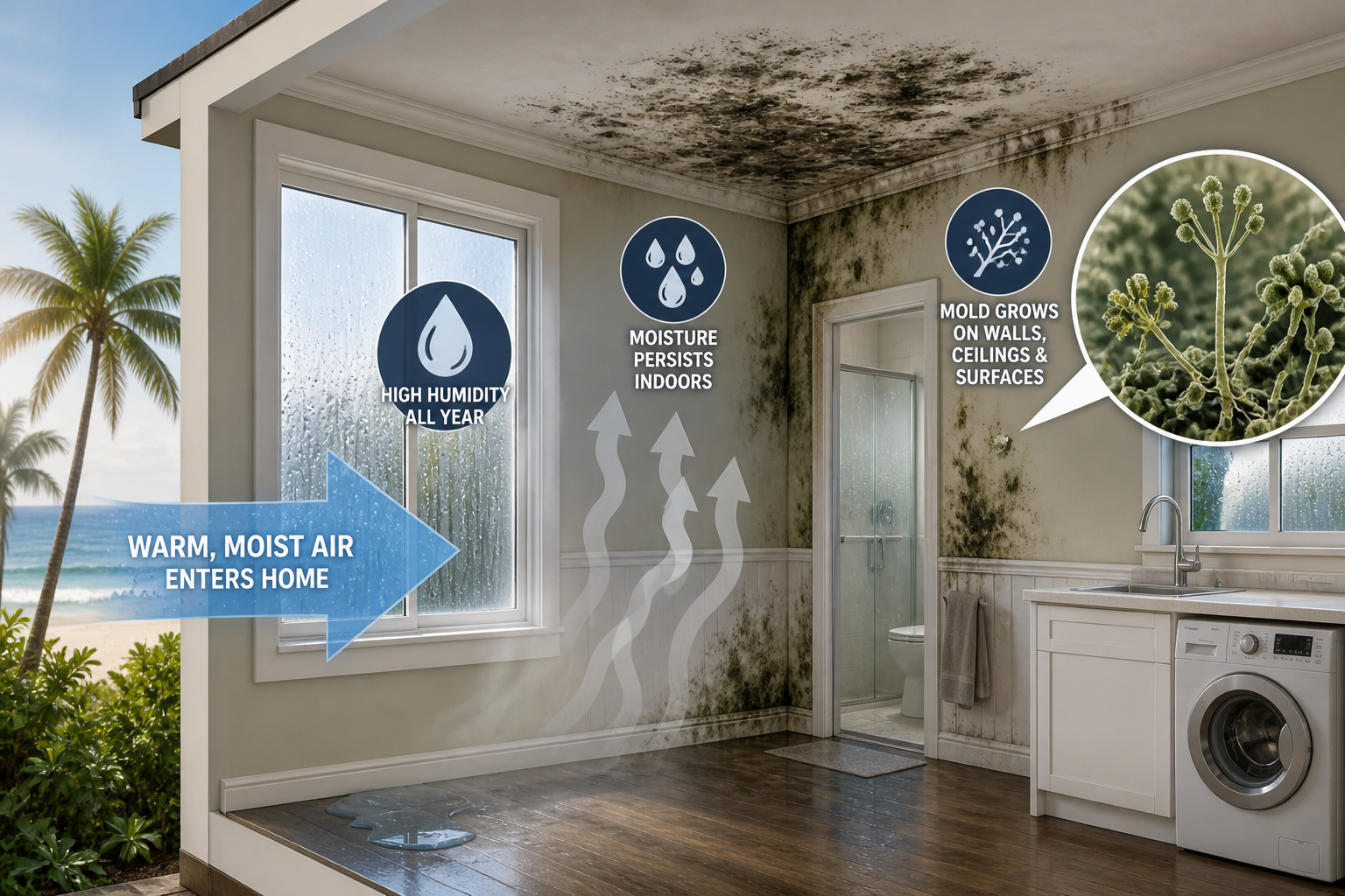 High year-round humidity levels that allow moisture to persist indoors
