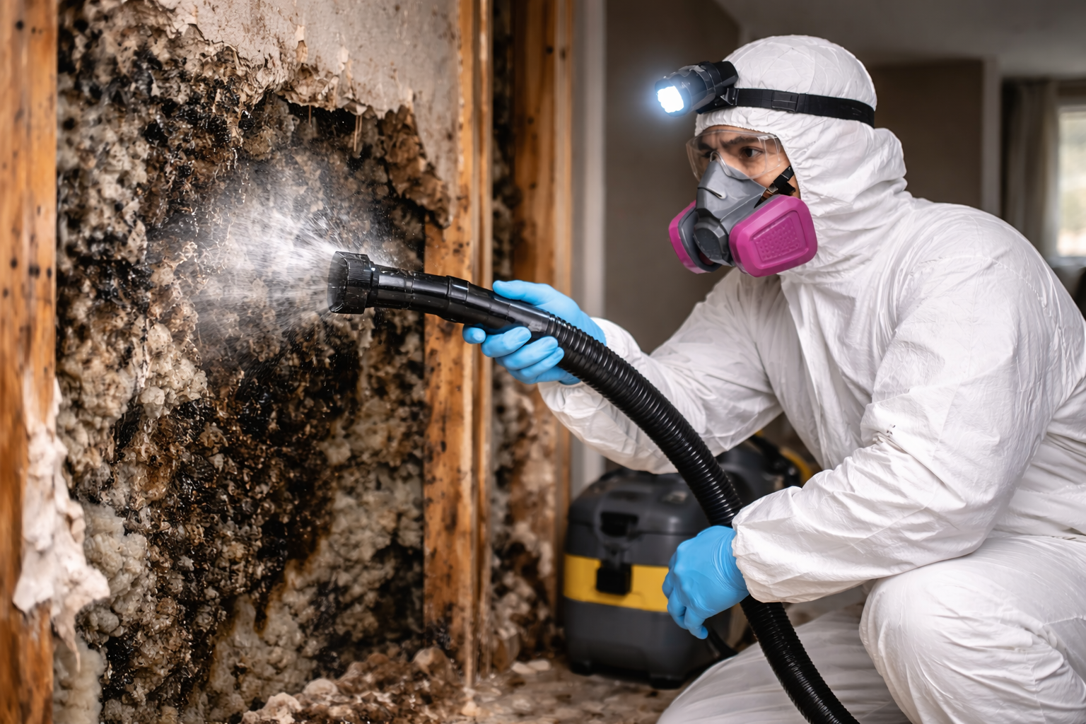 Technician in protective suit sprays mold on a wall with a hose indoors