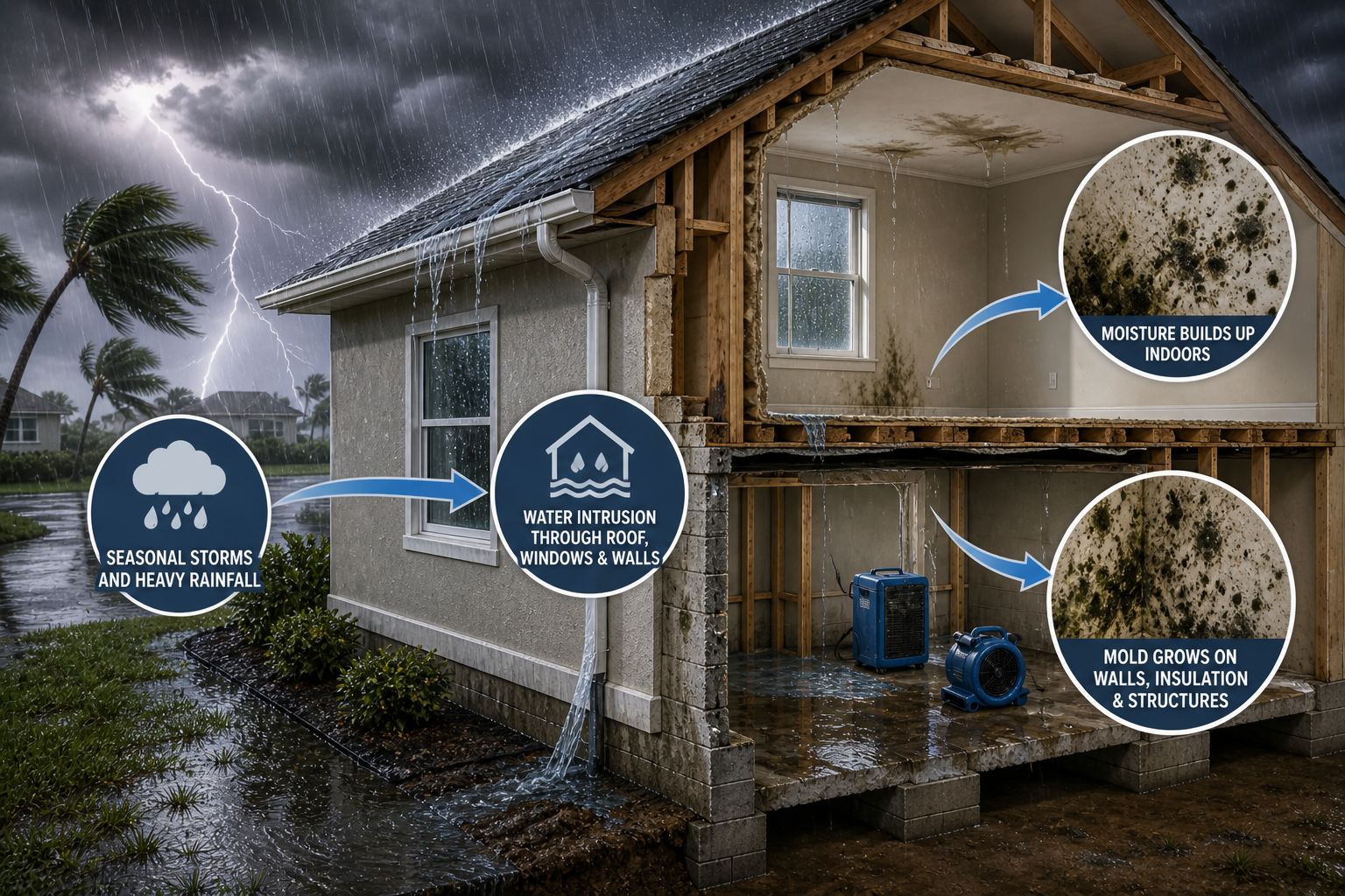 Seasonal storms and heavy rainfall that increase the risk of water intrusion