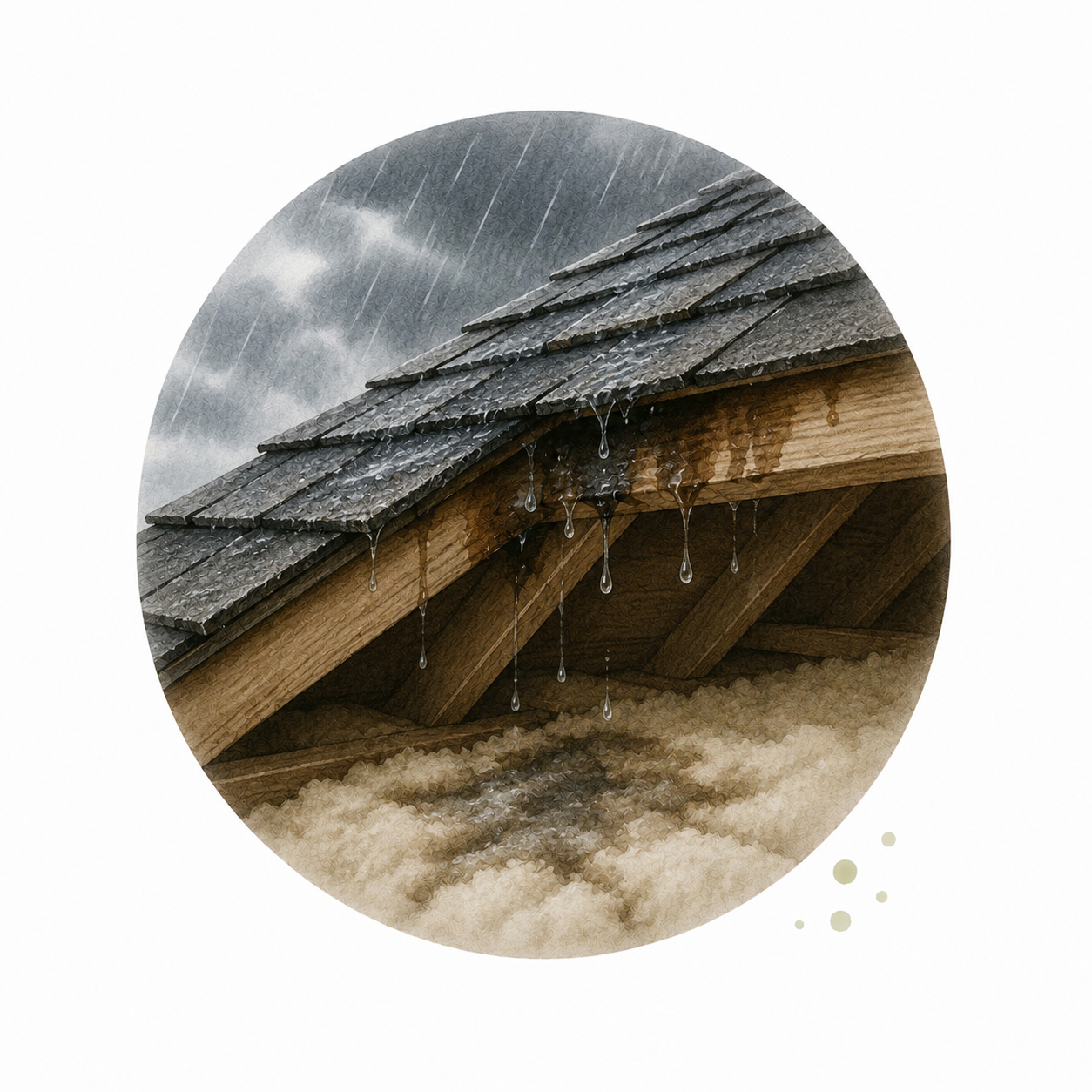 Signs of roof leaks or moisture buildup after storms
