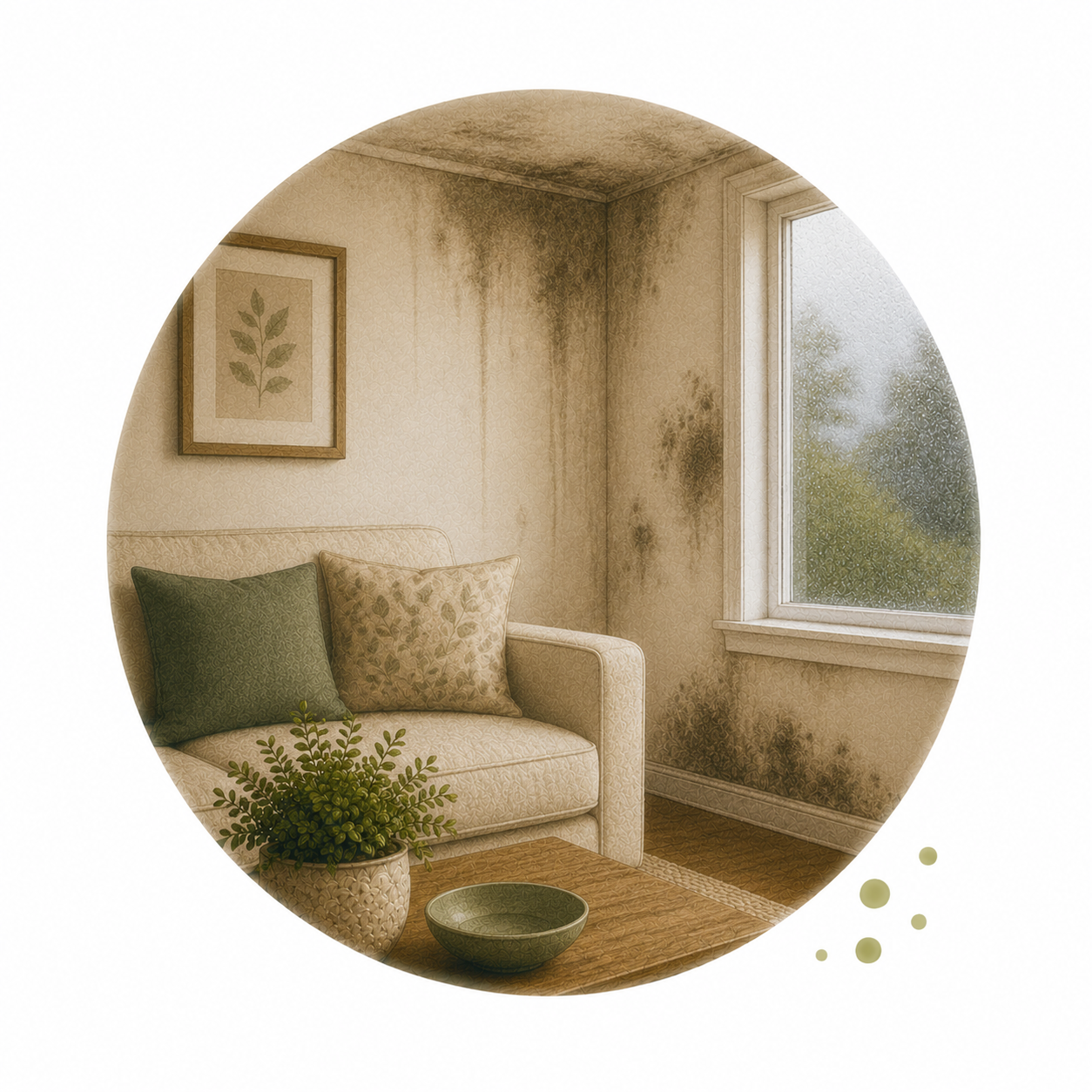 Visible moisture stains, discoloration, or mold growth