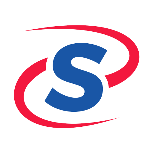 Blue letter “S” with red swooshing rings on a white background
