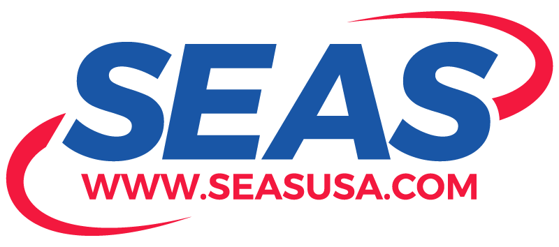 SEAS logo in blue and red with website text www.seasusa.com
