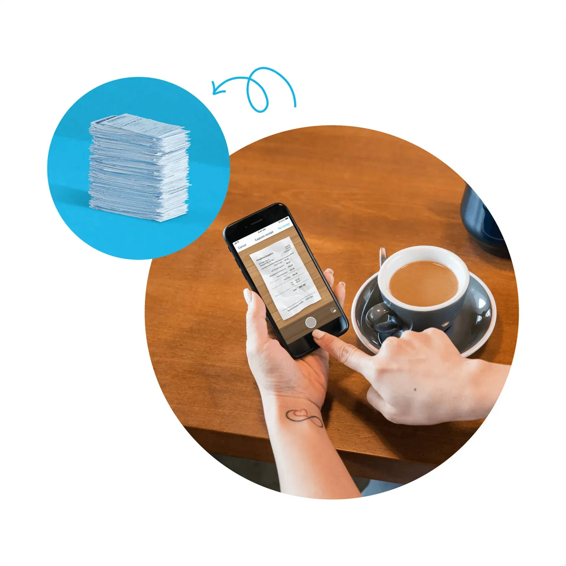 A hand holding a phone, scanning a document at a table with a cup of coffee. A stack of papers is shown. — Books in a Mess Australia in Peats Ridge, NSW