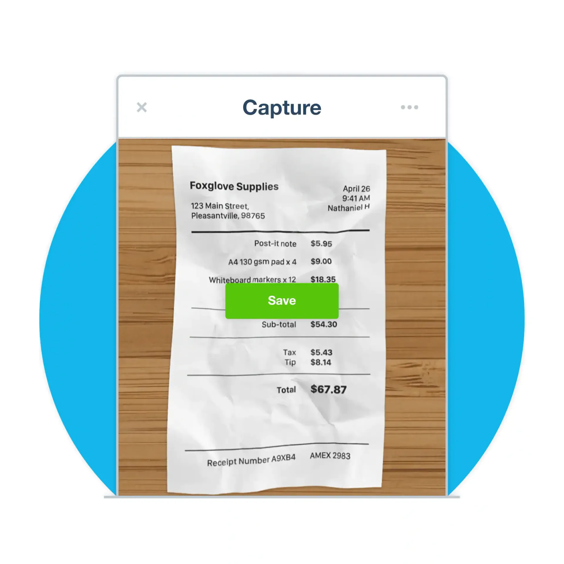 Receipt capture on a wooden surface with a green