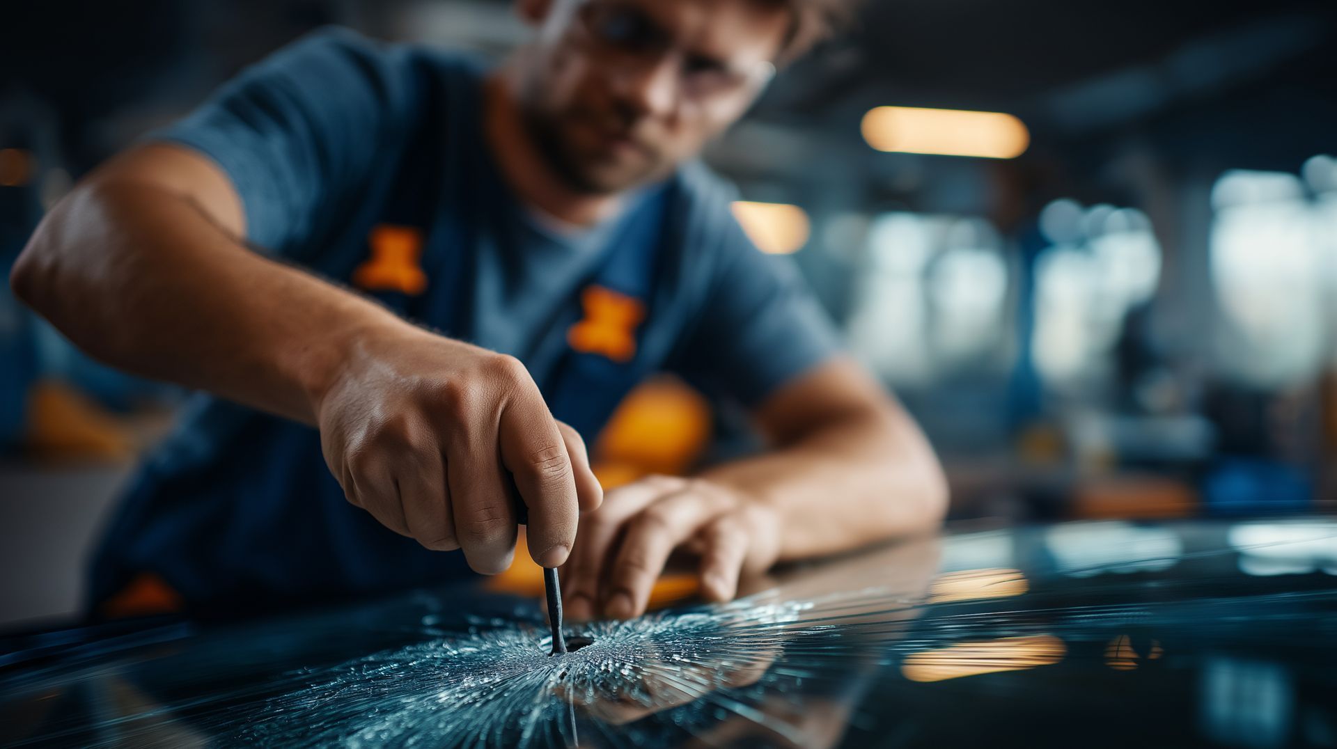 A man is seen fixing a car windshield with a knife, illustrating the process of auto glass services. A man is seen fixing a car windshield with a knife, illustrating the process of auto glass services.