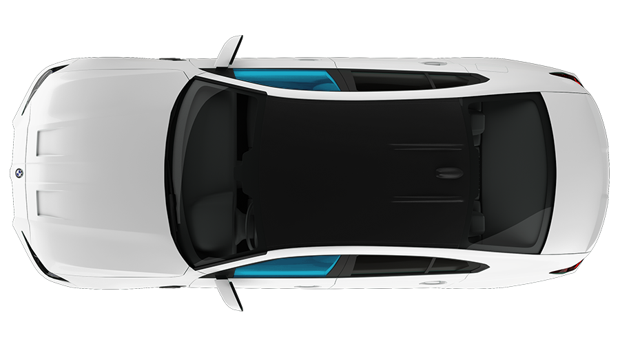 Top-down view of a white car with a black roof and red side mirrors on a white background