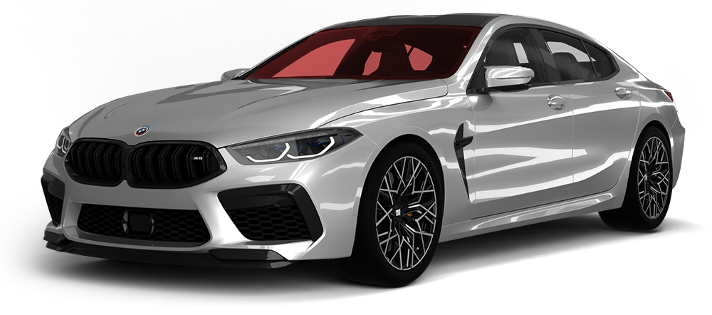 Silver sports coupe with a red interior, shown in a front three-quarter view on a white background
