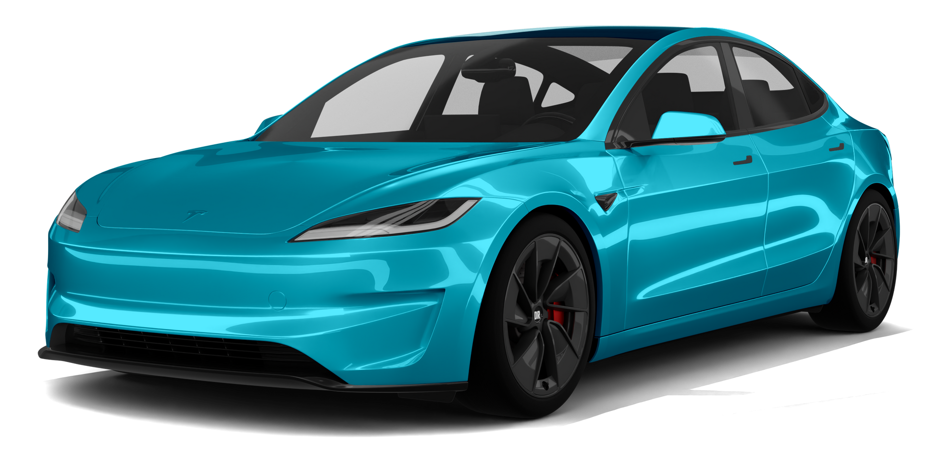 Turquoise electric sedan with black wheels, shown in a front three-quarter view.