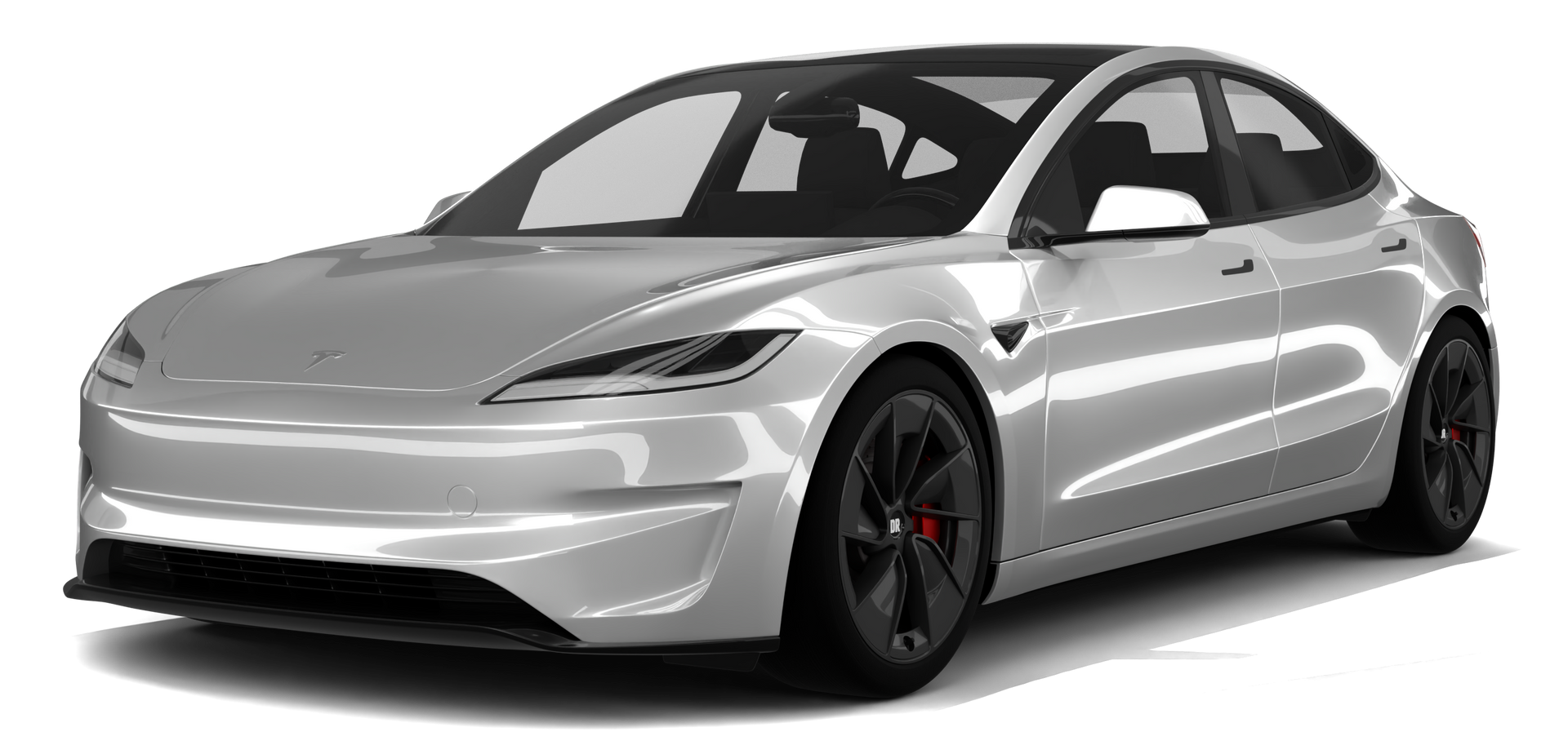 Silver electric sedan in a three-quarter front view, with black wheels on a white background