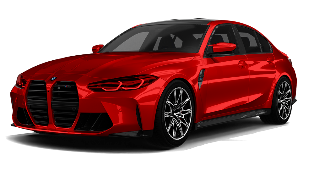 Red sports coupe with black wheels and tinted windows on a white background